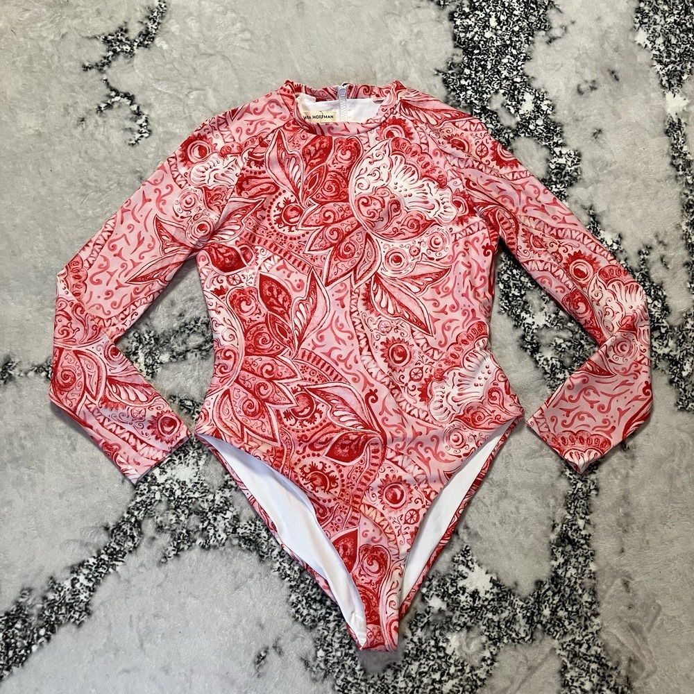 Mara‎ Hoffman Swimsuit Womens Sz L Reese Rashguard Red Pink Paisley Long Sleeve